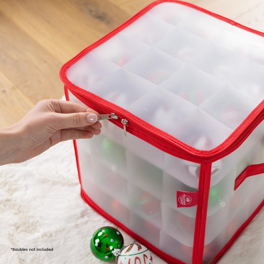 Christmas Village Bauble and Decoration Storage Cube with Padded Dividers for 64 Xmas Ornaments – Heavy Duty Folding 4 Layer Holder with Separators, Zipped Lid and Handles (Red) - Image 4