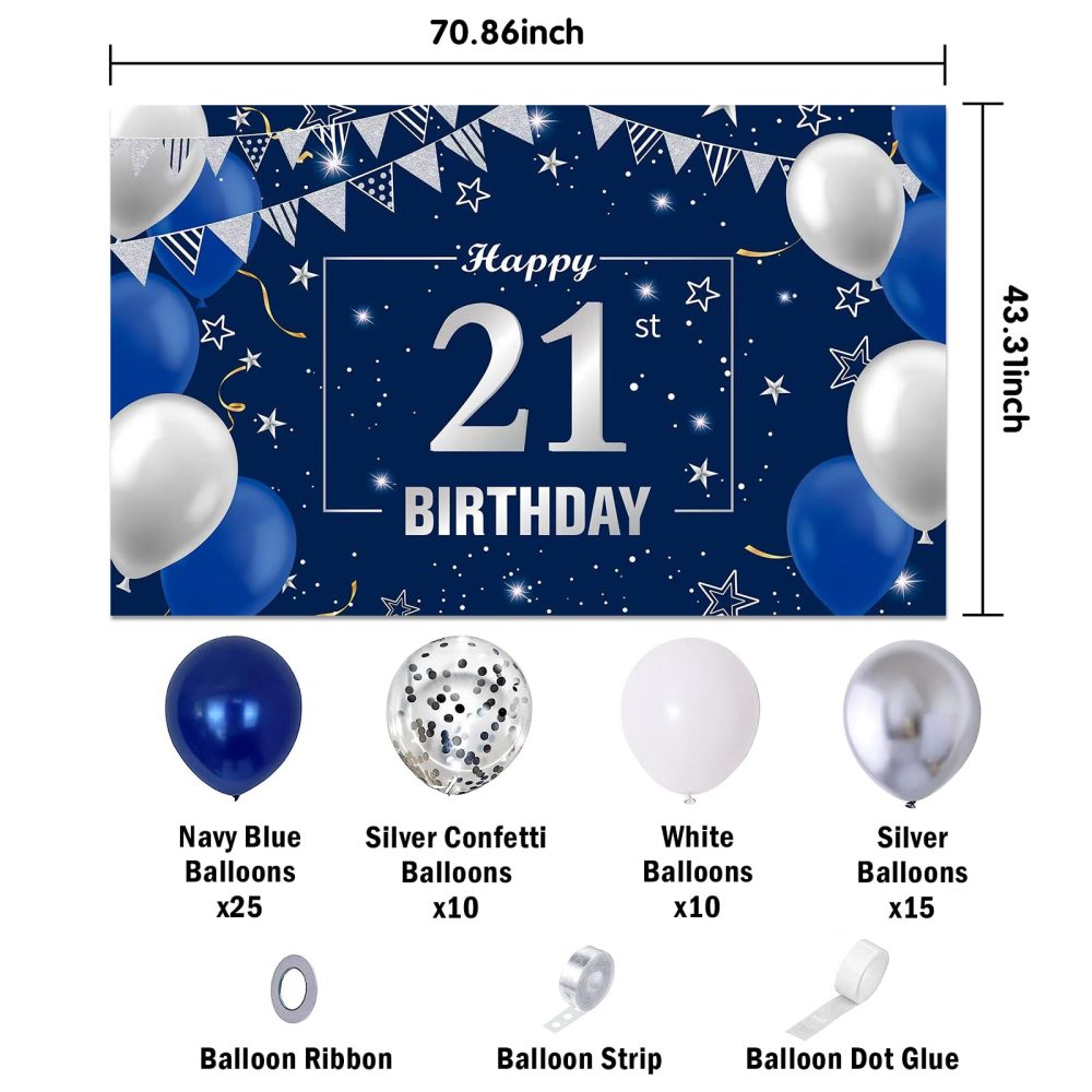 Navy Blue 21th Birthday Decorations Birthday Backdrop Banner Background, 60Pcs Balloons Birthday Party Decoration for Indoor Outdoor Table Garden Wall Photo Backdrop Decoration Supplies (21) - Image 5