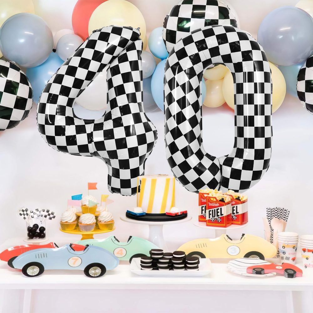 TNYKER Checkered Number 40 Balloon, Black and White 40th Birthday Balloons Foil Helium Checkered Flag Balloons, 40 Inch Racing 40 Balloon for Men 40th Racing Themed Birthday Party Decorations Supplies - Image 3