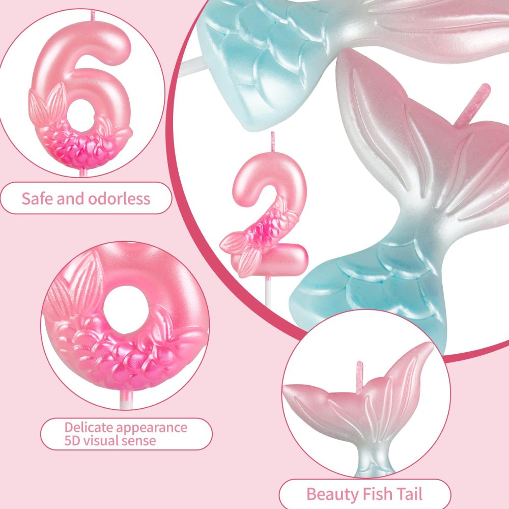 Mermaid Number Candles Set, 3PCS Pink Blue Birthday Cake Candles,Number 3 Mermaid with Tail Pink Theme Birthday Cake Decoration for Girls Baby - Image 7