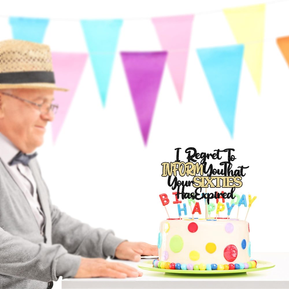 Ephlyn 1Pcs Happy 70th Birthday Cake Topper Black Gold Glitter I Regret to Inform You That Your Sixties Has Expired Cake Pick Cheers to 70 Years Cake Decorations for Funny 70th Birthday Party Supplies - Image 3