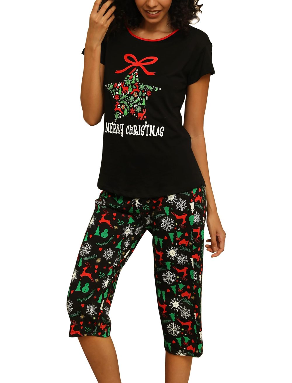 ENJOYNIGHT Womens Pyjamas Short Sleeve Top and Cropped Bottoms Pjs Set Cotton Loungewear Cute Print Nightwear (3X-Large,Xmas)
