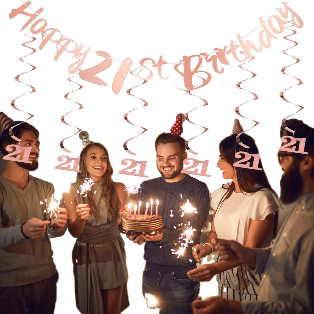 Rose Gold 21st Birthday Party Decorations Set for Women,Happy 21st Birthday Banner, Bunting Banner, Hanging Swirls, Streamers, Anniversary Backdrop - Image 3
