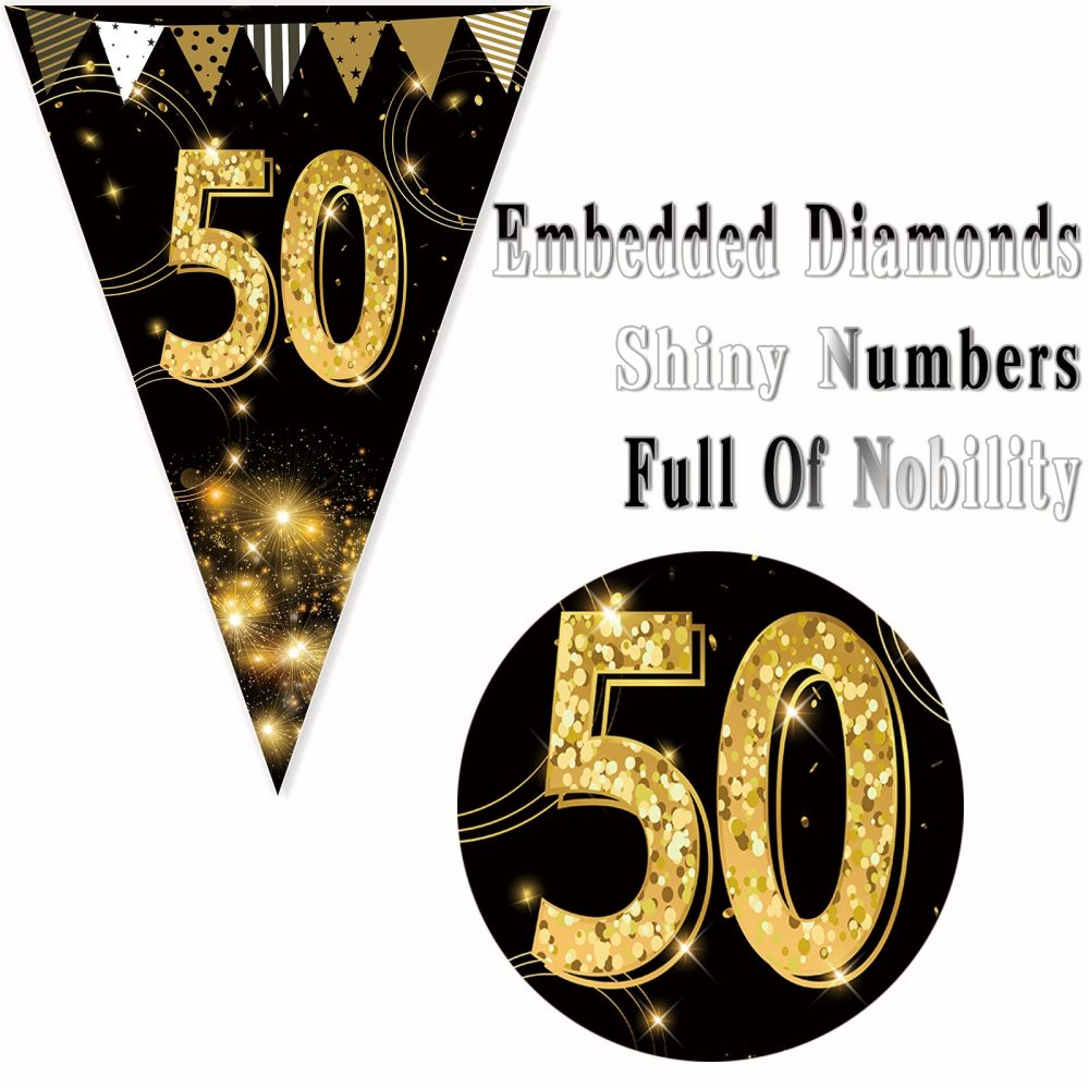 KTFNOMES Happy 50th Birthday Banner Bunting Flags Gold and Black Glitter Anniversary Party Decoration Supplies,50th Birthday Triangle Flag Banners for Men Women,7.1 x 10.2 inch,40 Pieces - Image 6