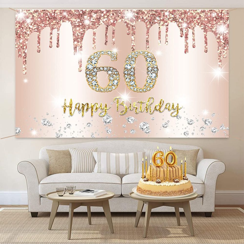 Happy 60th Birthday Party Decoration Backdrop Banner for Woman Happy 60 Years Old Fabric Sign Poster, Glitter Rosegold Photo Background 60th Birthday Decorations Party Supplies, 150x90cm - Image 5