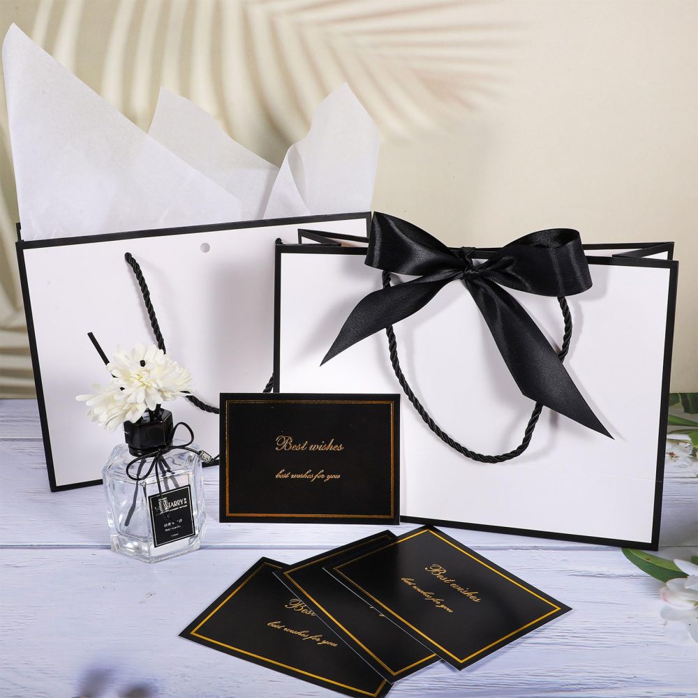 HuaJiao 4Pcs Gift Bags, Medium Present Bag Gift Wrapping Bag with Bow Ribbon Tissue Paper and Cards Gift Bag for Birthday Wedding Party 28x10x20cm (Black Edge) - Image 7