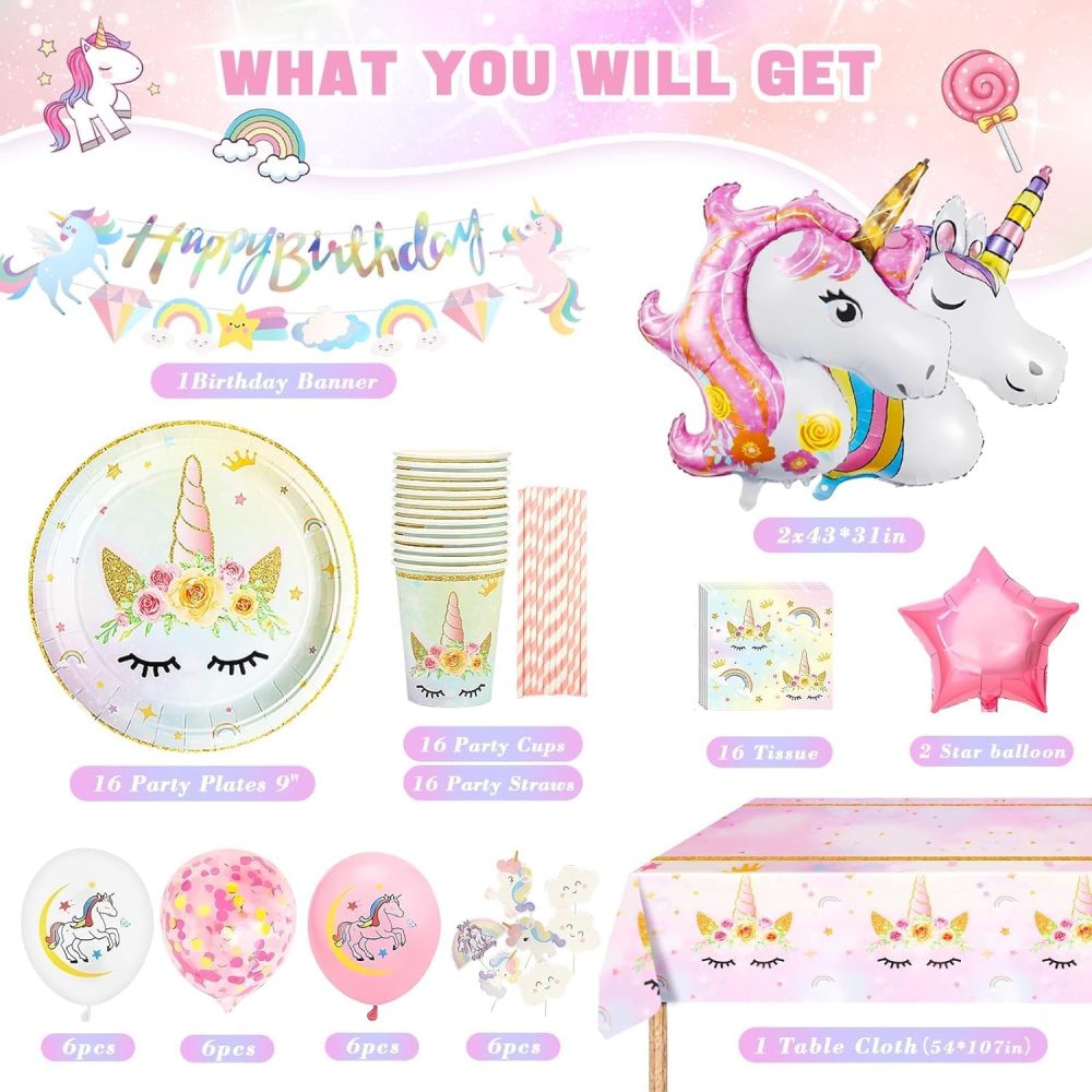yosiio Unicorn Party Tableware Set, Unicorn Birthday Decoration Set, Party Supplies Paper Plates Cups Napkins Table Cloth Balloons for Kids' Birthday Parties and Unicorn Themed Celebrations (16 Guests - Image 6