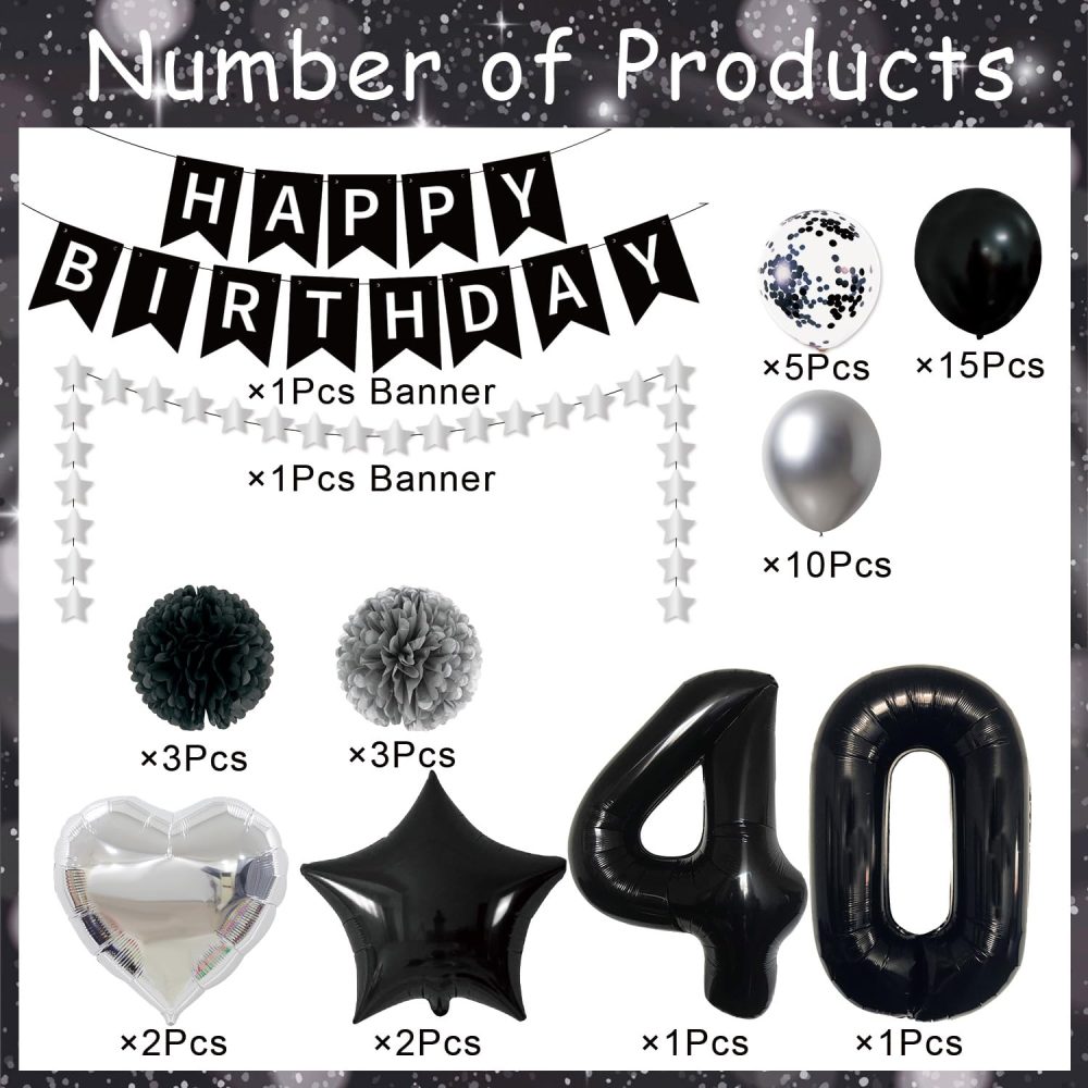Afritee 40th Birthday Balloon Decorations - Black and Silver Happy Birthday Balloons for Men Women Happy 40th Birthday Banner Large 40" 40 Foil Balloons Cool 40th Birthday Balloons Set Supplies - Image 6