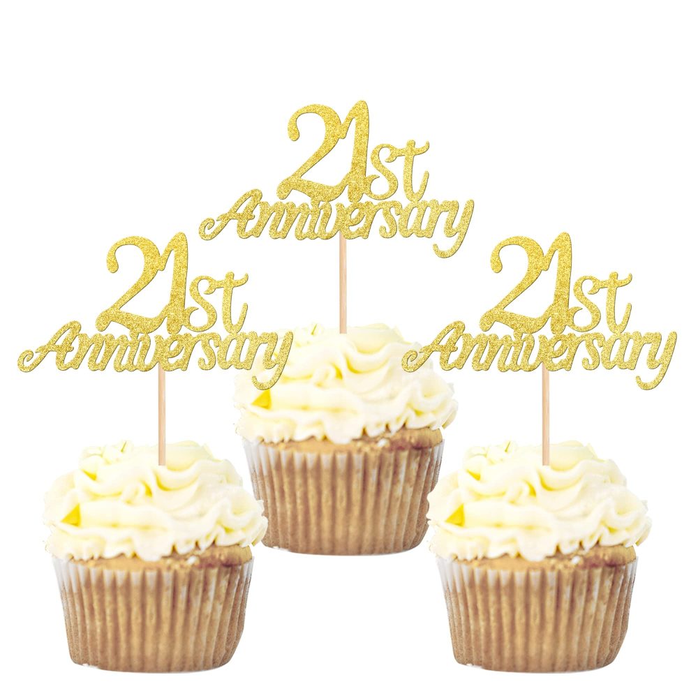 Pack of 24 21 Anniversary Cupcake Toppers Glitter "Happy 21th Anniversary" Cake Toppers Number 21 Eightteen Sweet 21 Birthday Wedding Anniversary Party Cake Decorations Accessories Gold