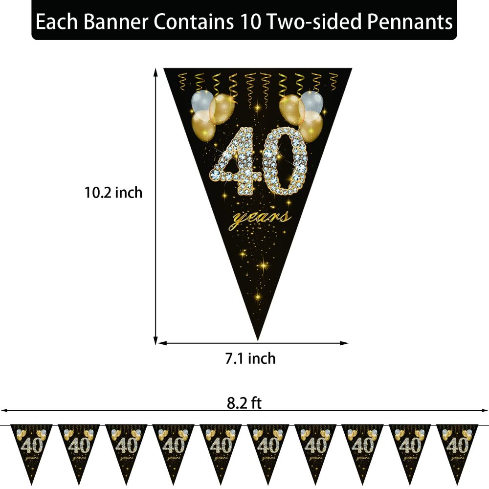 40th birthday bunting, Happy Banner Bunting Flags, 40Pieces Triangle Gold Black Glitter Diamond by Numbers 40th Birthday Anniversary Theme Party Decoration Supplies - Image 2