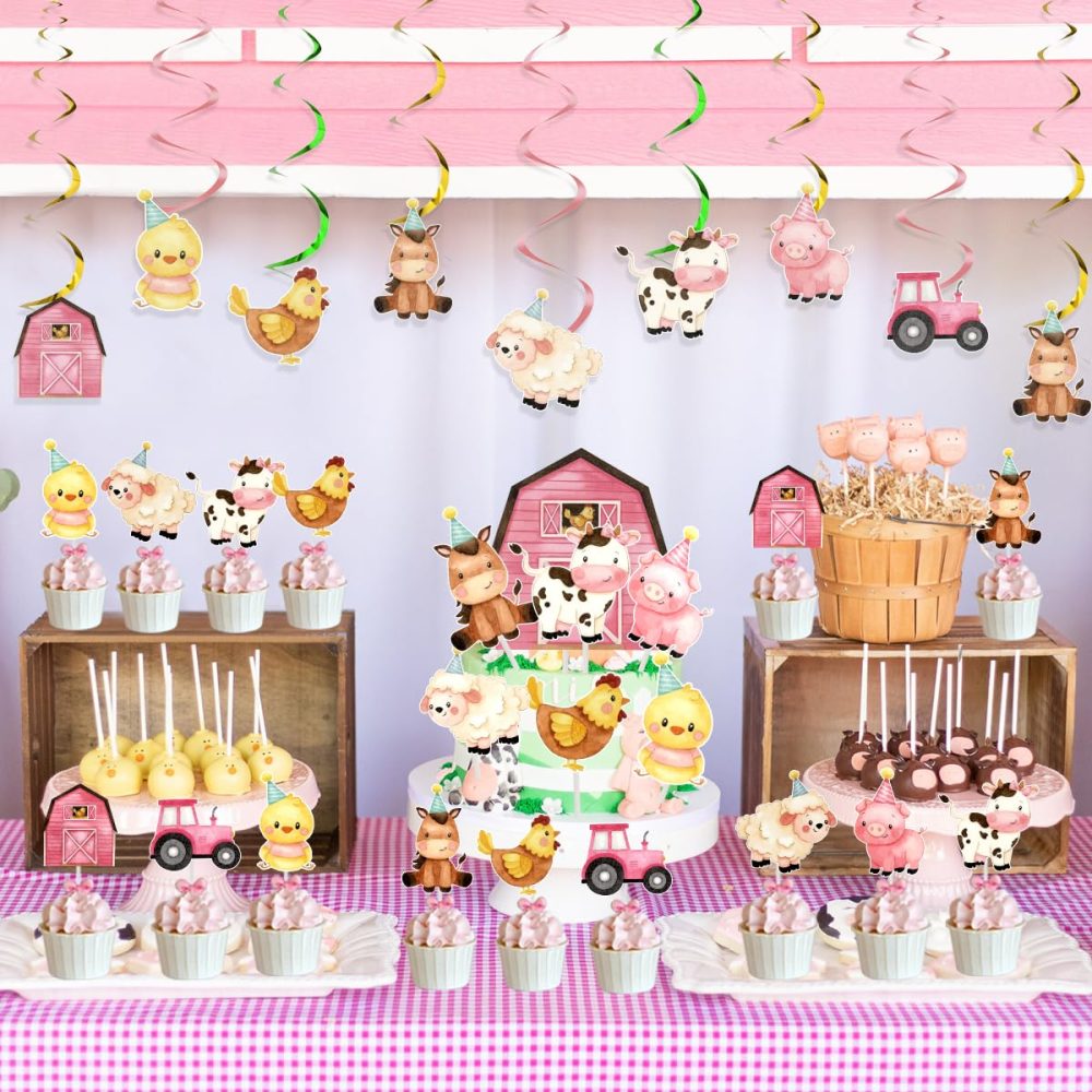 Kreatwow Pink Farm Animals Birthday Decorations for Girls Farmhouse Floral Theme Happy Birthday Banner Cow Pig Donkey Balloons Hanging Swirls Cake Cupcake Toppers for Kids Barnyard Theme Bday Party - Image 6