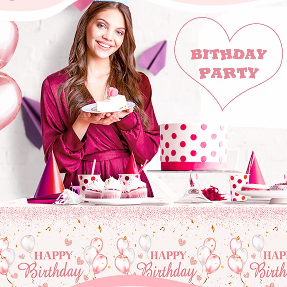 YAAVAAW 137 * 274cm Pink Happy Birthday TableCloth Tablecover for Girls Her Birthday Party,Pink Heart Birthday Dining Table Cover Plastic Tablecloths for Baby Girls Women Birthday Party Decorations - Image 3