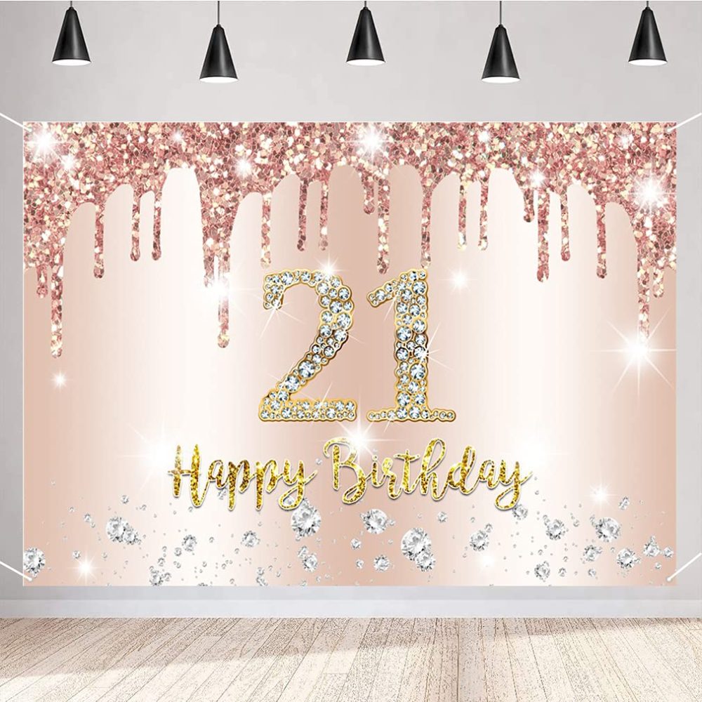 Happy 21st Birthday Party Decoration Backdrop Banner for Women, 21 Years Old Fabric Sign Poster, Rosegold Photo Background 21st Birthday Decotaions Party Supplies, 150x90cm