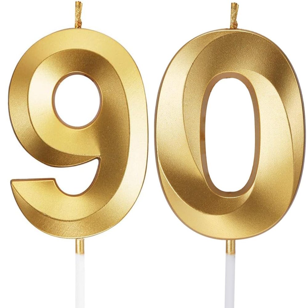 Birthday Candles Number Candles Age Year for Cakes Happy Birthday 3D Designed Wedding Anniversary Party Cake Topper Decorations (Gold, 90)
