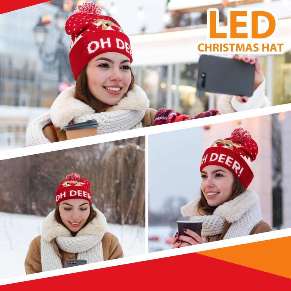 2PCS LED Christmas Hats, LED Light Up Christmas Hat, Light Up Knitted Santa Hat, Light Up Xmas Hat - New Year Party Hats for Kids, Adults - Image 5
