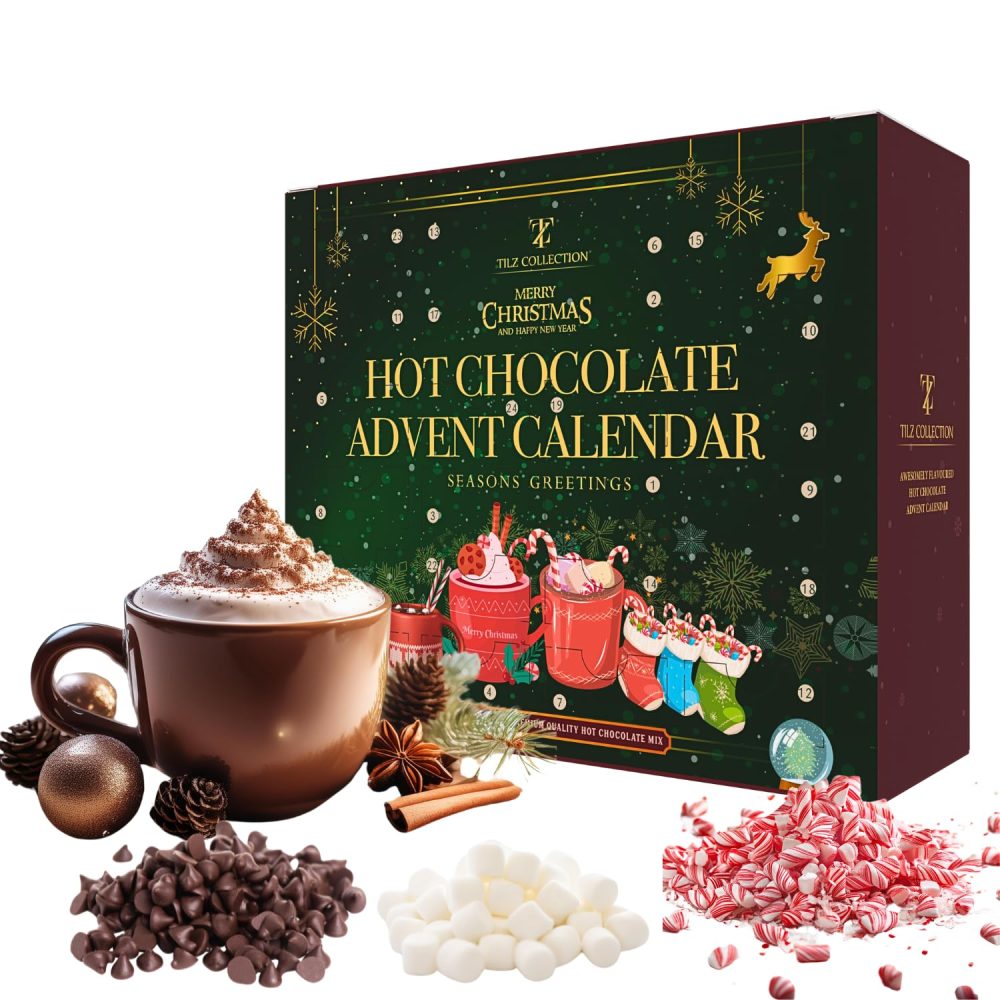 Hot Chocolate Advent Calendar 2024, Christmas | 24 Days Hot Chocolate Gift Set Selection With Mini Marshmallows For Hot Chocolate | Candy Canes | Chocolate Drops | 12 Flavours, Hot Chocolate Gift Sets