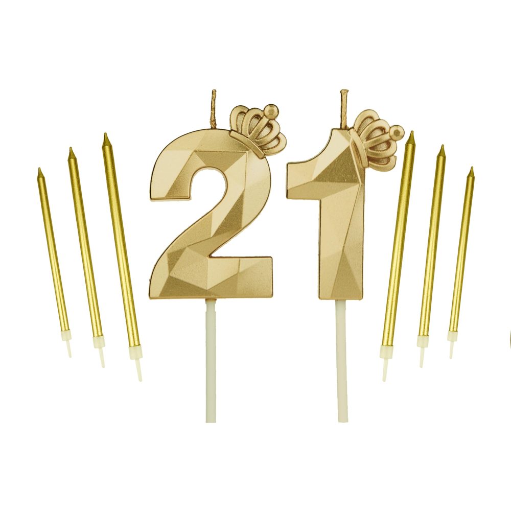 21th Gold Crown Birthday Candles Set, with 6Pcs Long Candles，Birthday Numbers 21 Candles, Happy Birthday Cake Topper for Birthday Party Parties Weddings Company Anniversarie (Gold, 21)