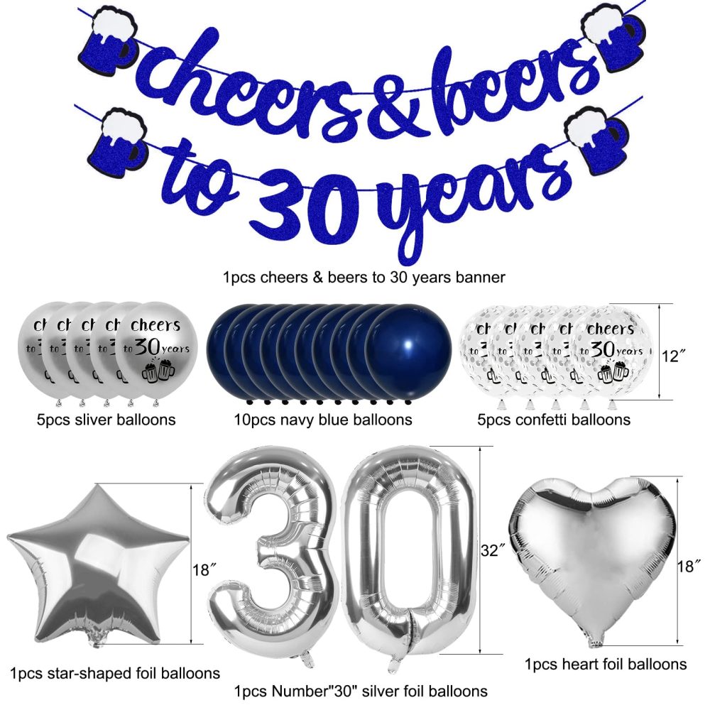 30th Birthday Decorations, 30th Birthday Decorations for Men, Happy 30th Birthday balloons with Navy Blue Cheer to 30 Years Banner, Silver Confetti Latex Balloons for Party Supplies Him Women Her - Image 7