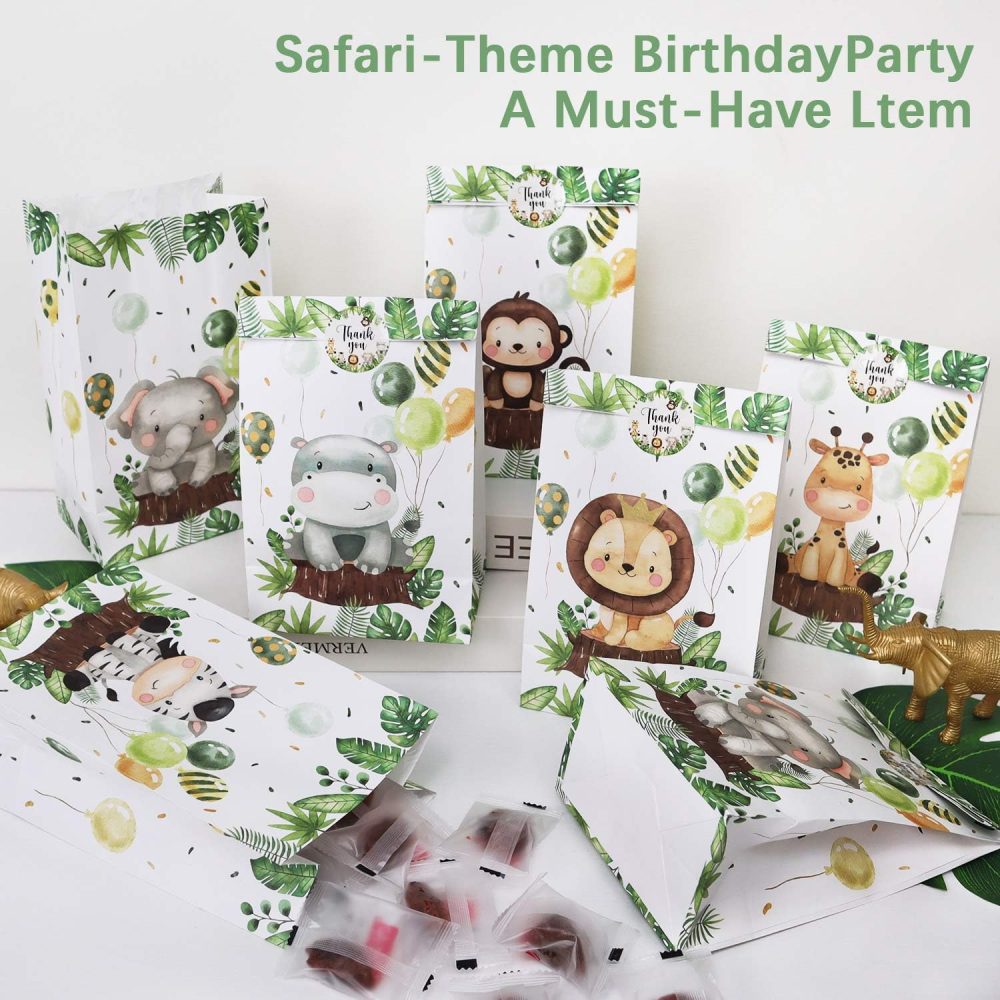 Heboland 24 Pack Jungle Party Bags, Kids Party Bags Animal Party Bags with 30 Stickers Wild One Birthday Decorations Baby Showe Bag Kraft Paper Party Bags Children's Party Bag Filler - Image 4