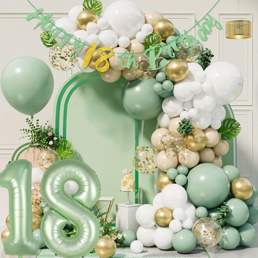 Happy 18th BirthdayBanner - Sage Green 18th Birthday Decorations Glitter Happy 18 Years Old Garland, Foil 18 Balloon Numbers for Girls Boys Sage Green Birthday Decorations 18th Birthday Party Supplies - Image 6