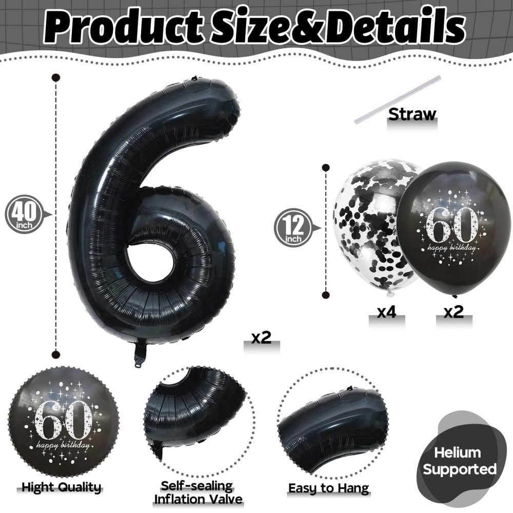60th Birthday Decorations for Men, 60th Birthday Balloons with Black 40 Inch Foil Number 60 Balloon, Metallic Latex Balloons Birthday Print Confetti Balloons Set for Women 60th Balloons Decor Supplies - Image 8