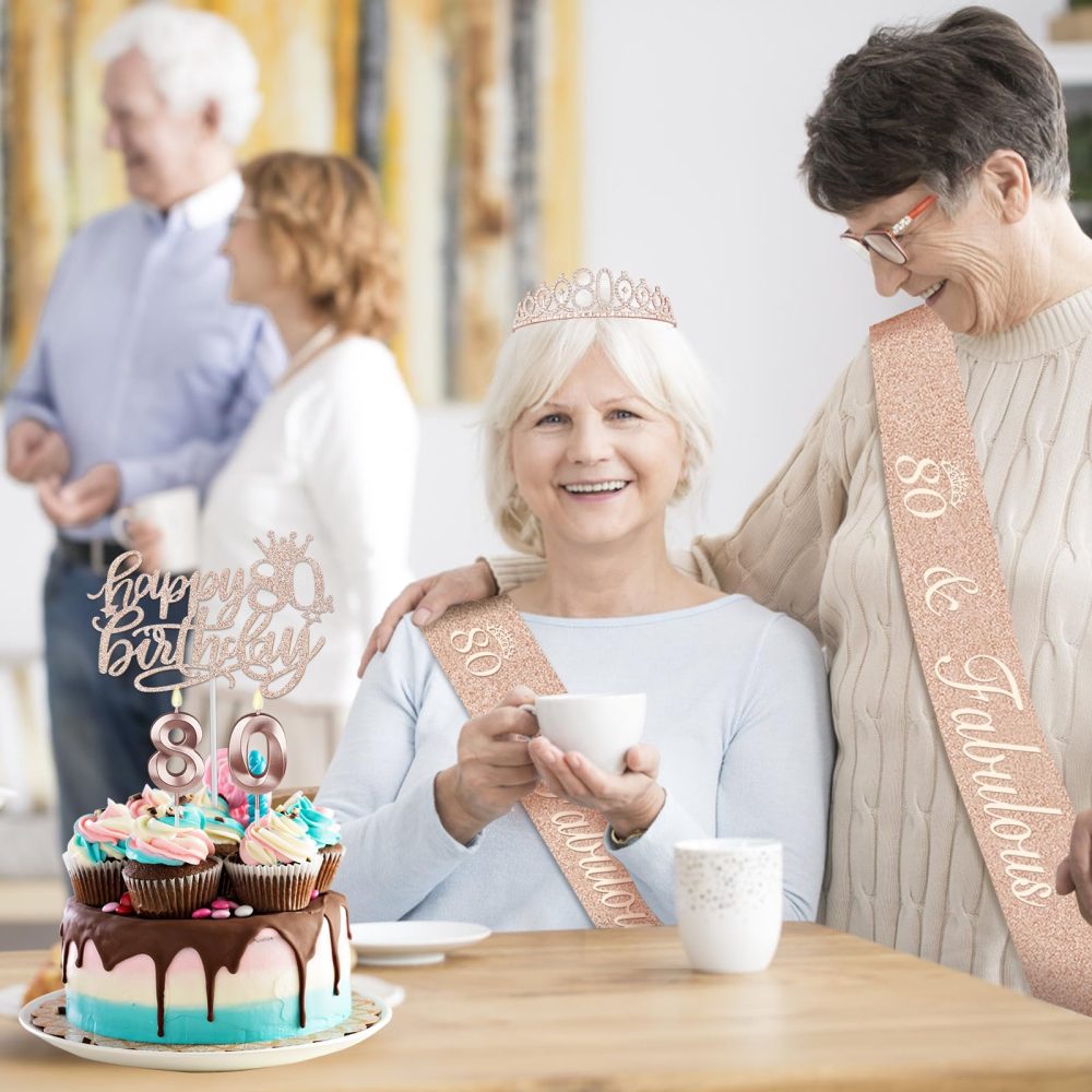 80th Birthday Decorations for Women, Including 80th Birthday Sash and Tiara/Crown, 80th Birthday Cake Topper and Candles, 80 Number Balloons, Rose Gold 80 Year Old Gifts for Women - Image 6