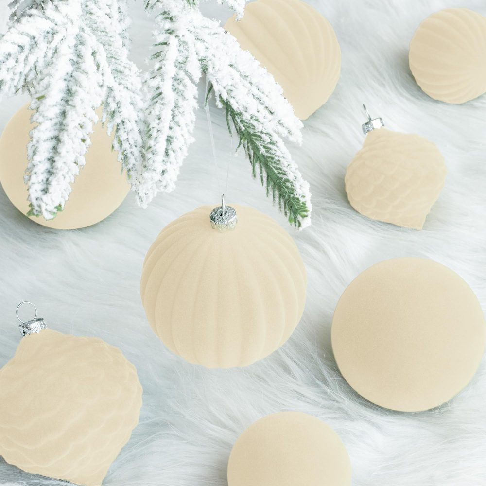KI Store Cream White Velvet Christmas Baubles 25pcs Shatterproof Flocked Christmas Tree Ornaments 80mm 60mm Assorted for Xmas Tree Decorations (Cream) - Image 7