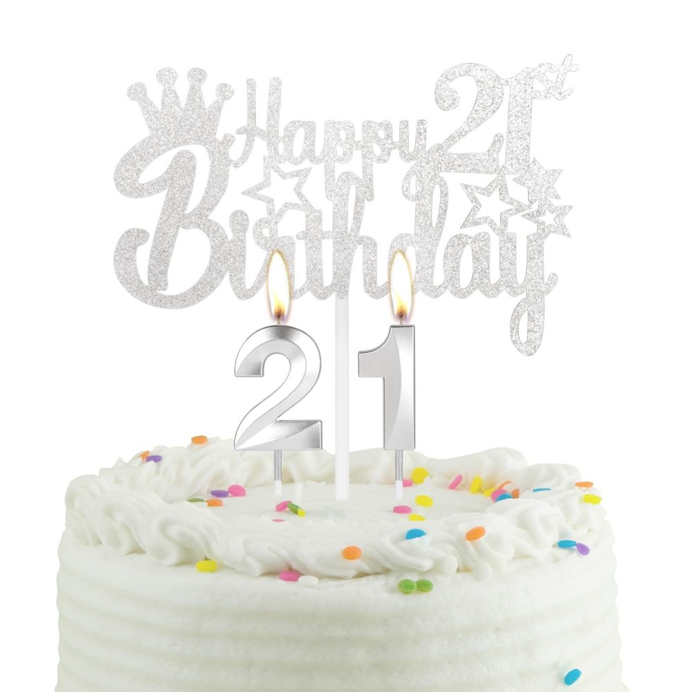 21st Silver Birthday Cake Candle, Party Candle with Cake Topper, Silver Party Candle Cake Topper for Boys Girls Men Women, 21th Birthday Decoration, Wedding Anniversary