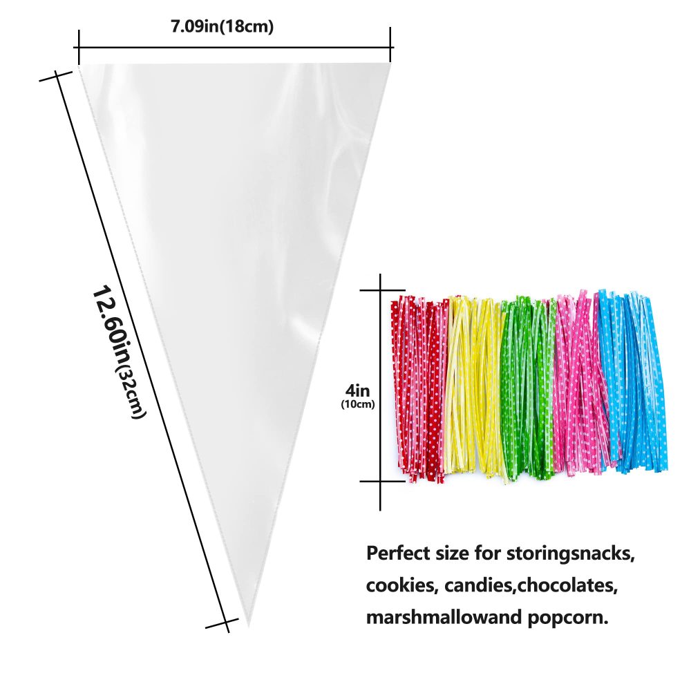 FOLKSNSHOPS 100pcs Sweet Cone Bags 32x18cm Clear Cone Bags, Sweet Bags, Cellophane Cone Bags with Ties for Party Supplies, Sweets, Biscuits Displaying & Wrapping on Birthday Parties and Festivals - Image 7