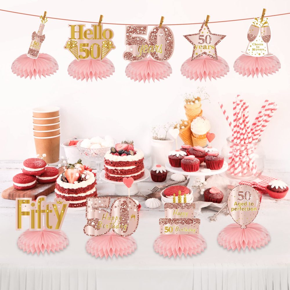 Turypaty Pink Rose Gold 50th Birthday Honeycomb Centerpieces Decorations for Women, 9Pcs Rose Gold Happy 50th Birthday Table Centerpieces Party Supplies, Fifty Year Old Birthday Table Toppers - Image 5