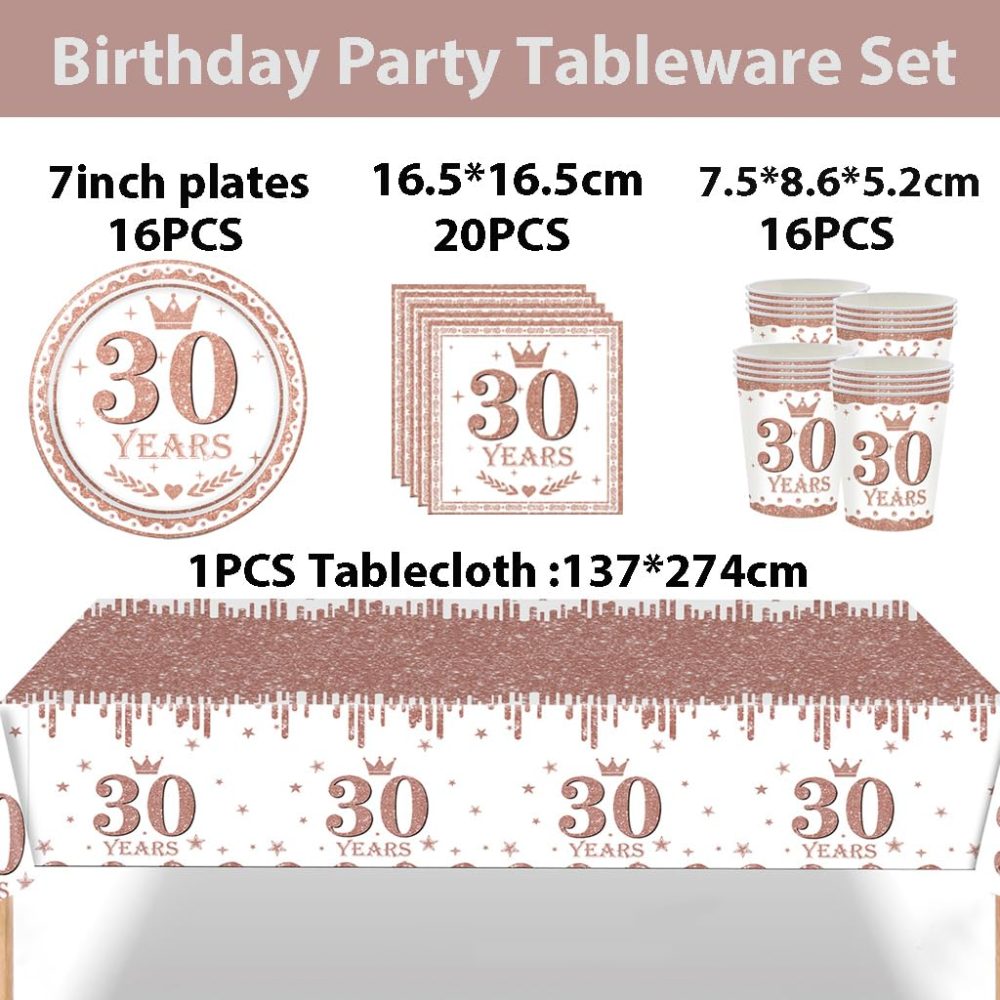 53Pcs Rose Gold 30th Birthday Party Tableware Decorations,30th Birthday Table Cloth Plates and Napkins Cups Sets for Her Women Birthday Table Decorations for 30th Birthday Gifts Dinnerware Supplies - Image 5