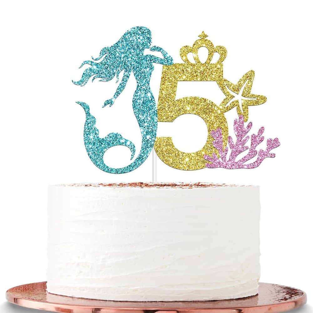 Mermaids Party Cake Toppers for Girls 5th Birthday,Mermaid Cartoon Themed Birthday Mermaid Cake Toppers,Happy 5th Birthday Cake Toppers for Kids,Boy,Girl,Mermaids Birthday Cake Topper Decorations