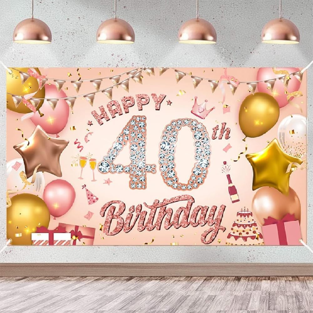Happy 40th Birthday Banner Rose Gold Birthday Party Decoration Backdrop, 40th Birthday Poster Fabric Banner Photography Background for Girls Women, 110 x 180 cm (40th)