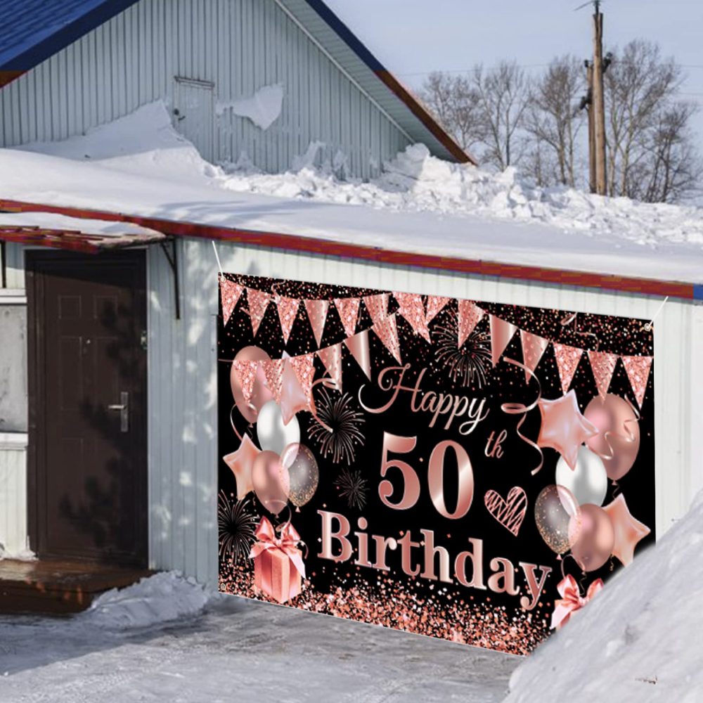 50th Birthday Decoration Banner, 50th Black Rosegold Birthday Backdrop Banner Photo Booth Sign Decorations, Extra Large Fifty Birthday Banner Background for Women 50th Birthday Party Supplies - Image 2