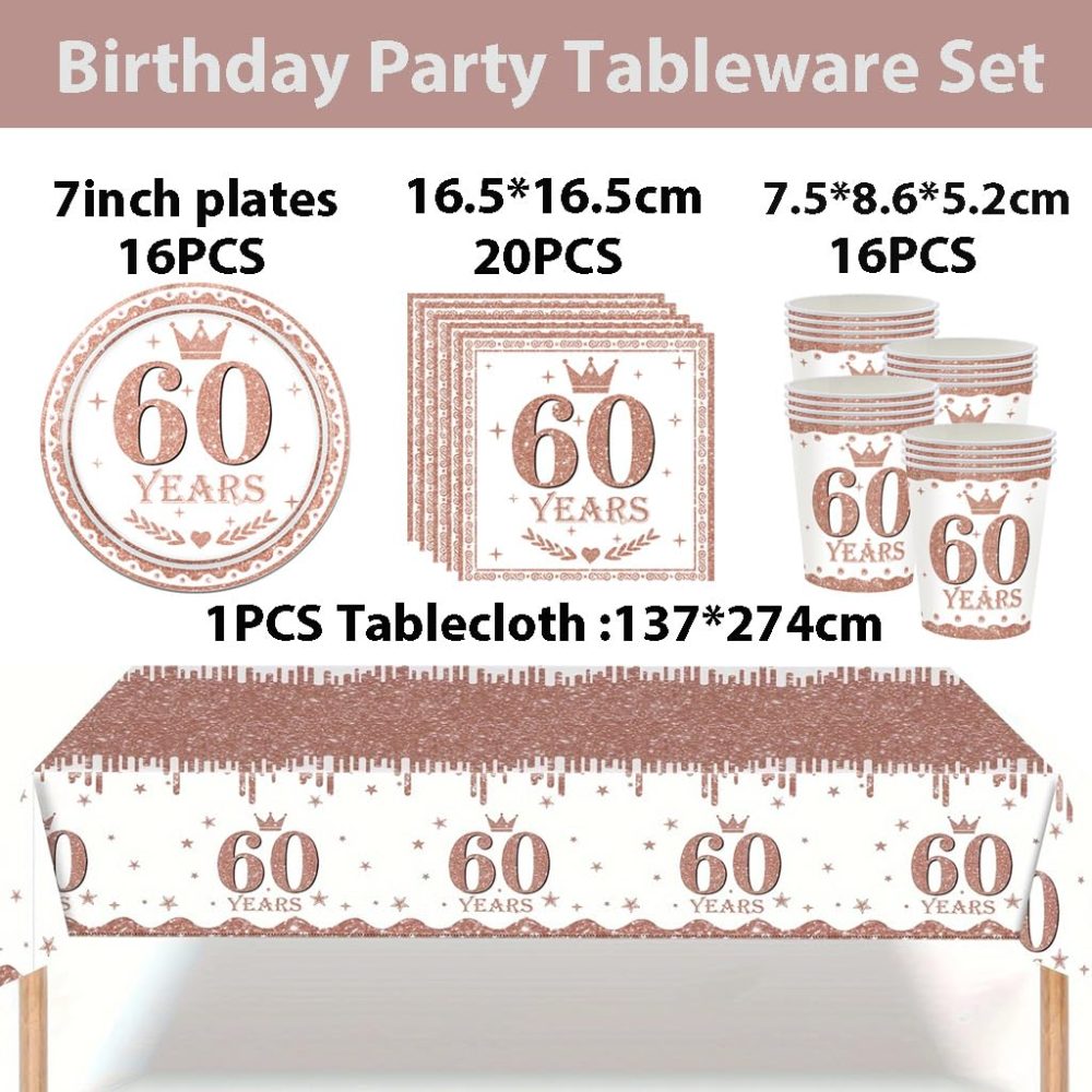 53Pcs Rose Gold 60th Birthday Party Tableware Decorations,60th Birthday Table Cloth Plates and Napkins Cups Sets for Her Women Birthday Table Decorations for 60th Birthday Gifts Dinnerware Supplies - Image 5
