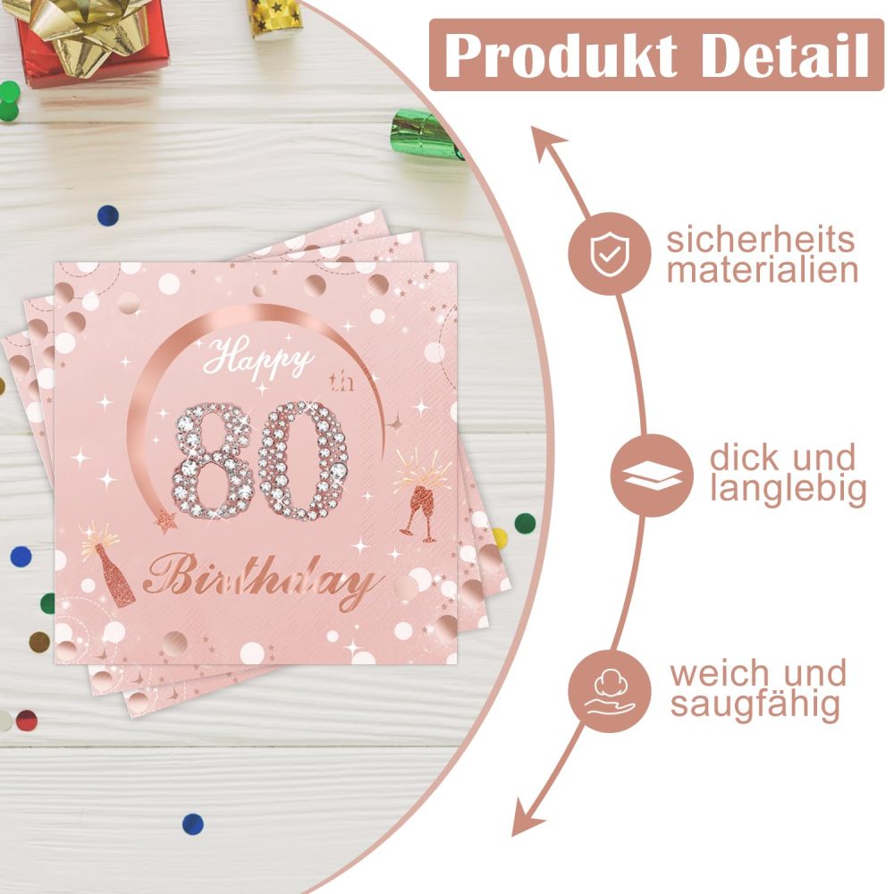Wentsent Rose Gold 80th Birthday Paper Napkins, 40Pcs Happy 80th Birthday Party Paper Napkins Disposable, 70th Birthday Napkins Serviettes Table Decoration for Girl Women Her 33x33cm - Image 5