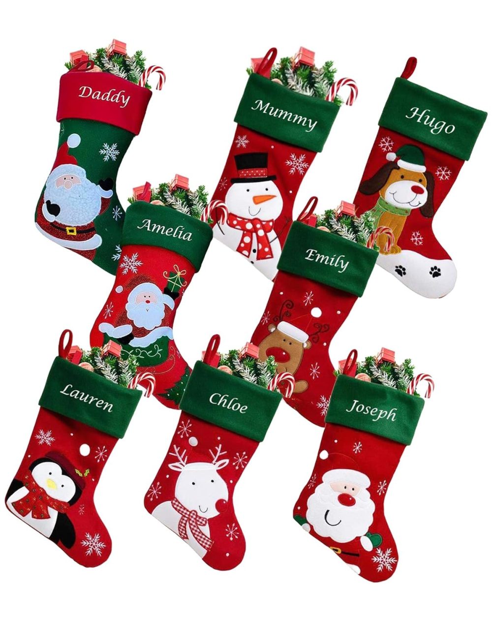 Hoolaroo Personalised Christmas Stockings Custom Red Green Embroidered Christmas Stocking Name Satin Lining - GCC White Reindeer Xmas (40cm) Decorations