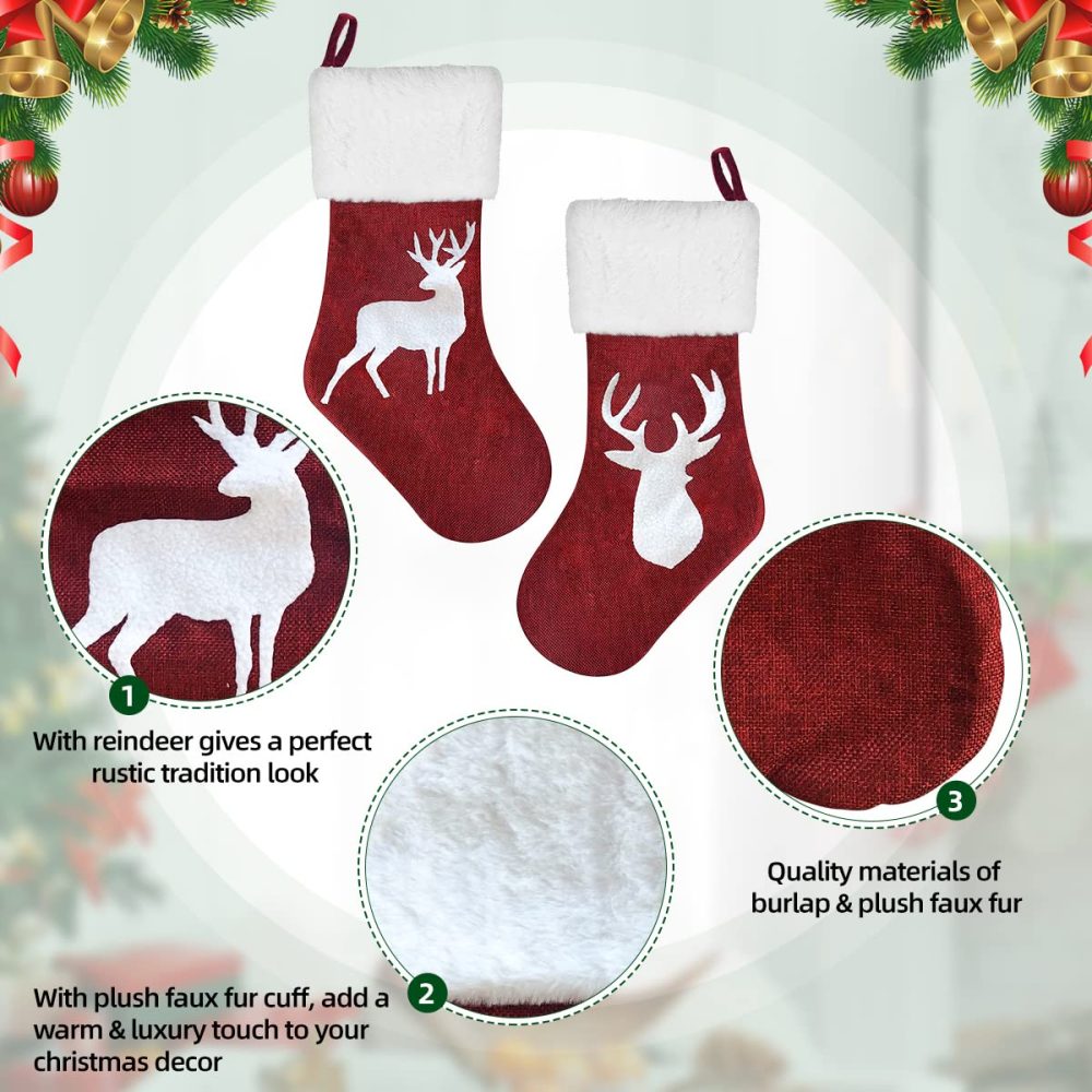 Christmas Stockings Set of 2, 18" White Reindeer Large Christmas Stocking Personalised for Adults Kids, Hanging Gift Bag Socks Ornaments Red Xmas Stockings for Christmas Fireplace Tree Decorations - Image 6