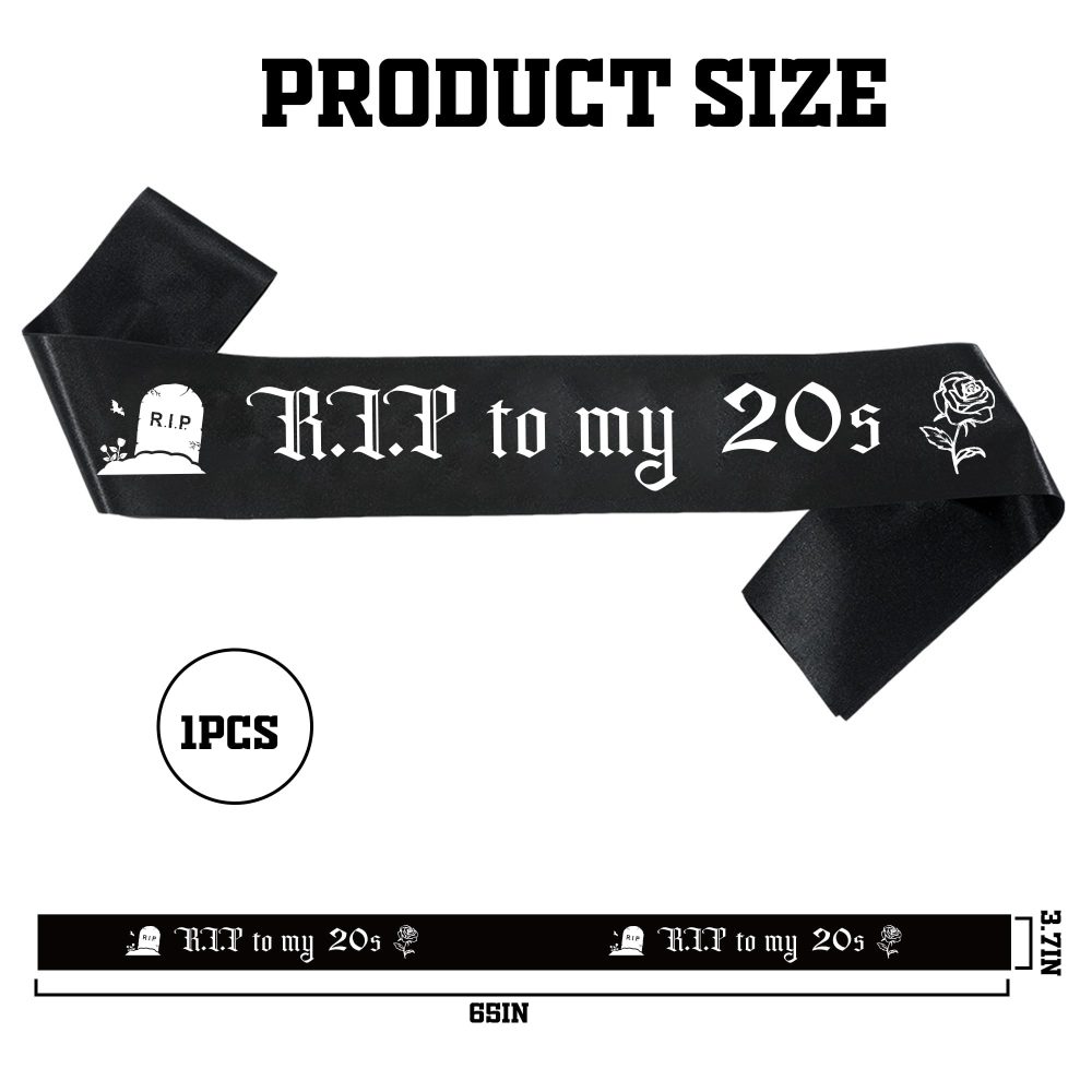 30th Birthday Decorations Women Men - Rip To My 20s Sash, Death to My 20s Birthday Decorations, Goth 30th Birthday Party Supplies for Him and Her, Black Satin Sash 65 x 3.7 Inch - Image 6