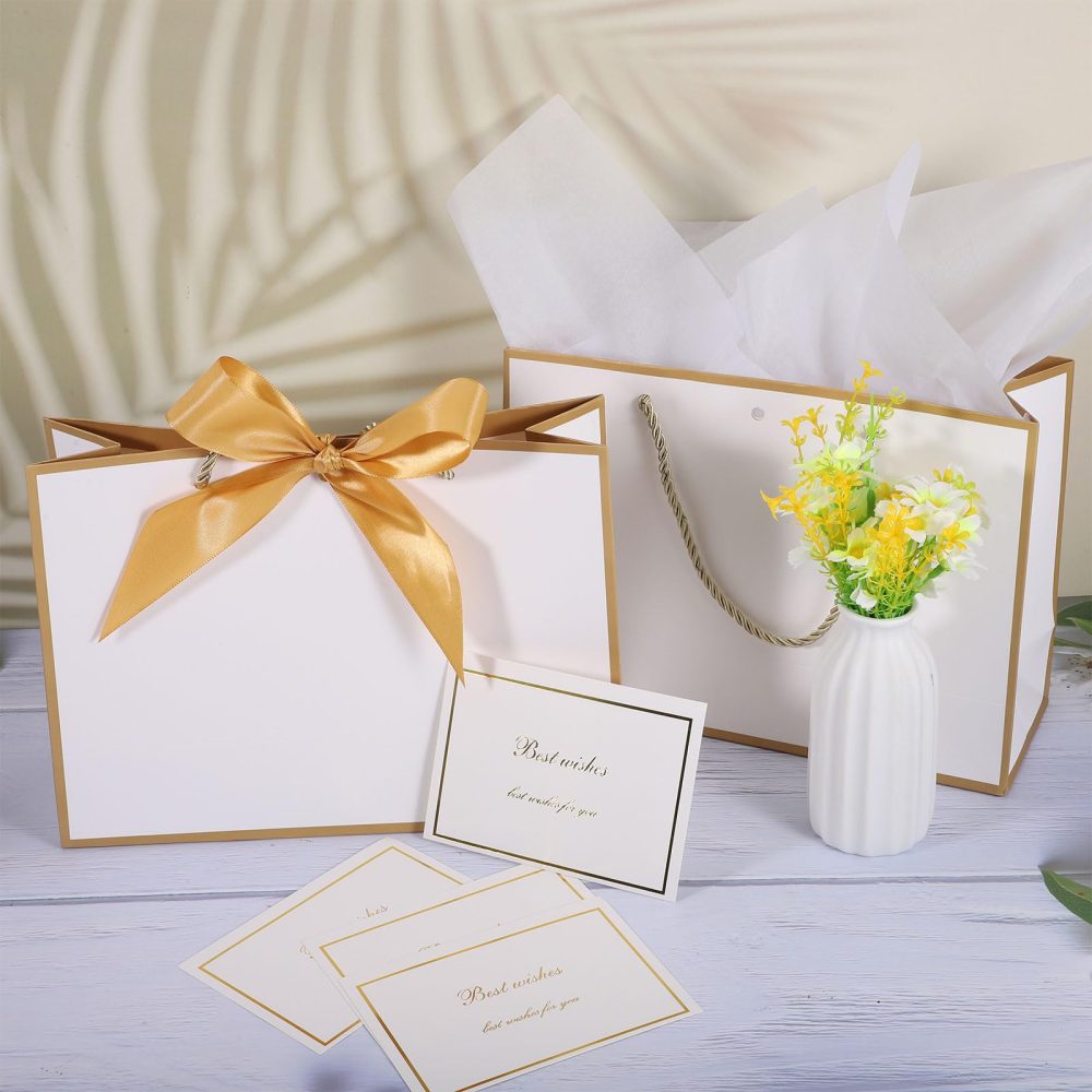 HuaJiao 4Pcs Gift Bags, Medium Present Bag Gift Wrapping Bag with Bow Ribbon Tissue Paper and Cards Gift Bag for Birthday Wedding Party 28x10x20cm (Golden Edge) - Image 7