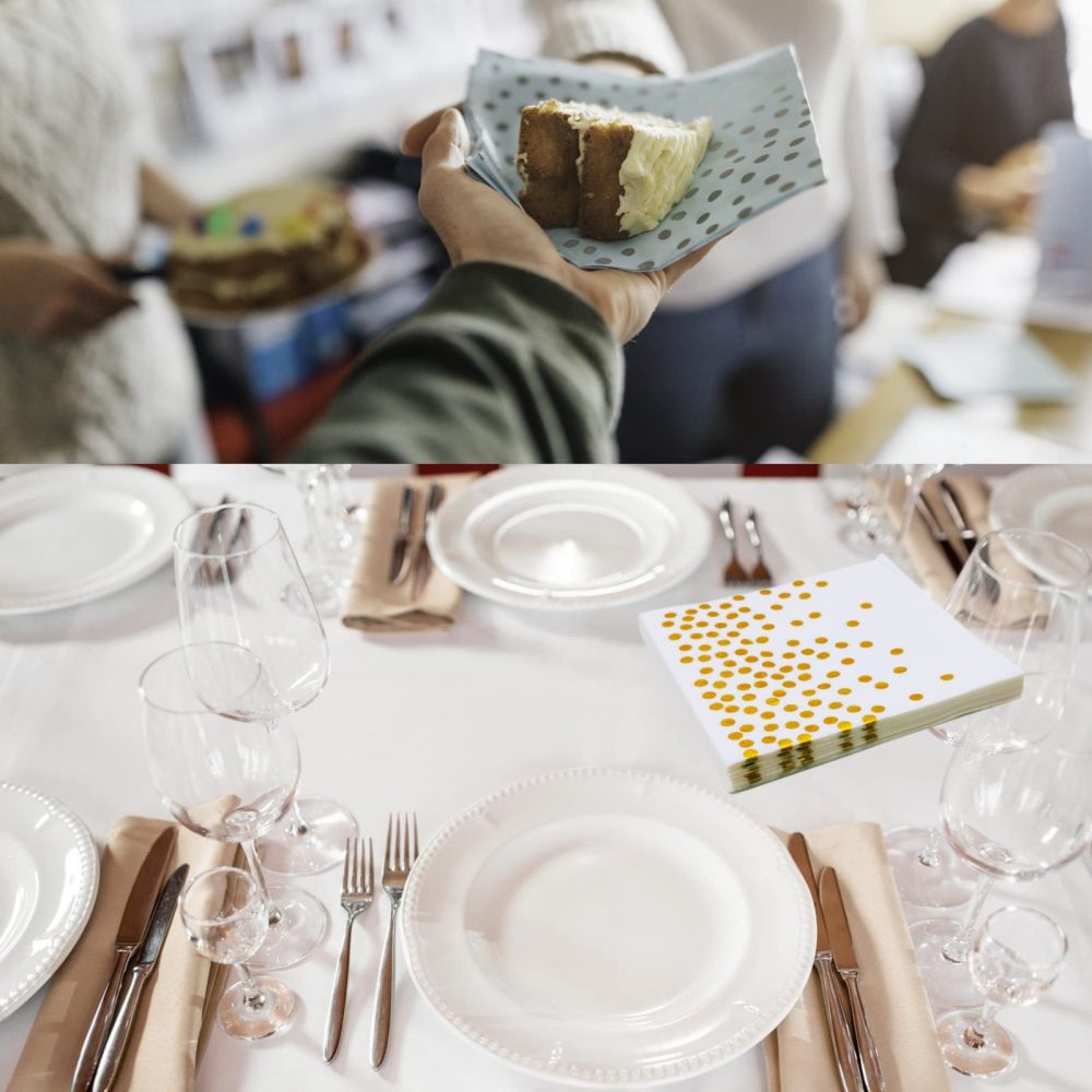 50PCS White and Gold Polka Dot Party Napkins, CEILIWEN 33x33CM White with Gold Napkins, Cocktail Napkins Dinner Napkins Serviettes Napkins - Image 6