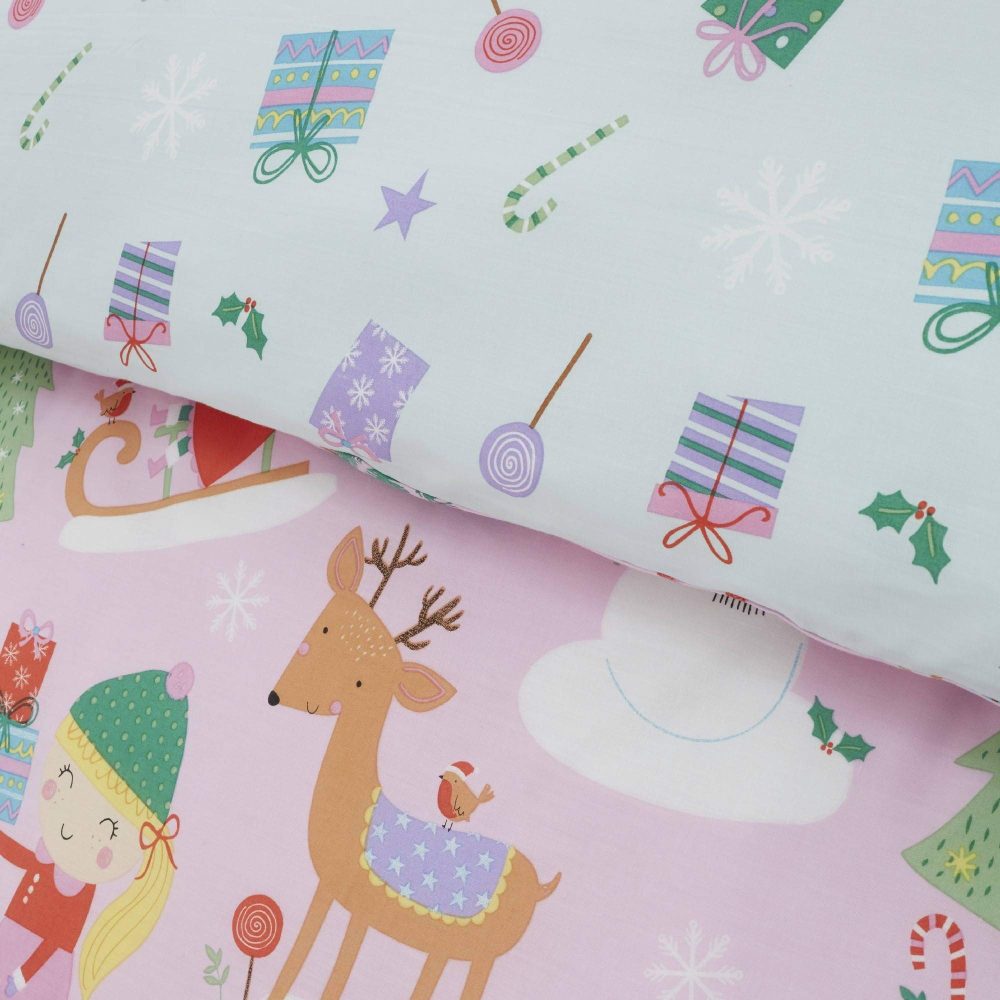 Happy Linen Company Kids Girls Festive Christmas Tree Ice Skating Sausage Dog Pink Single Reversible Duvet Cover Bedding Set - Image 3