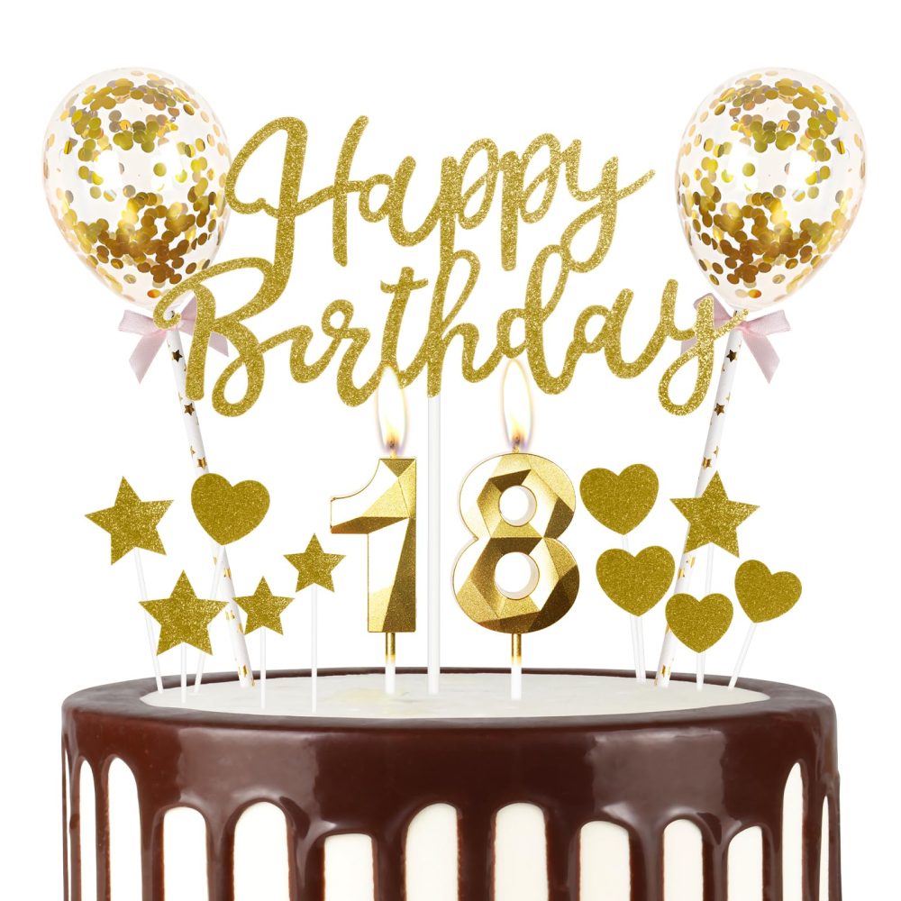 Gold 18th Birthday Candle,Gold Happy Birthday Cake Topper, Gold Balloons, Gold Number 18 Candles for Cake, Gold Candles Cake Toppers for Girls Boys Women Men's Birthday Party Decorations Supplies