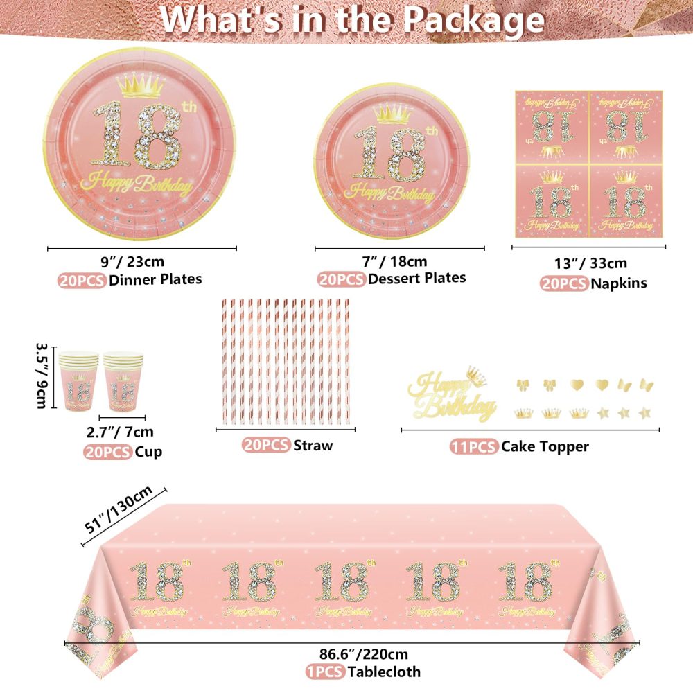 179 PCS 18th Birthday Decorations for Girls Rose Gold 18th Birthday Party Decoration Happy 18th Birthday Supplies Tableware Set-Plates, Napkins, Pink 18th Birthday Banner for 20 Guests - Image 4