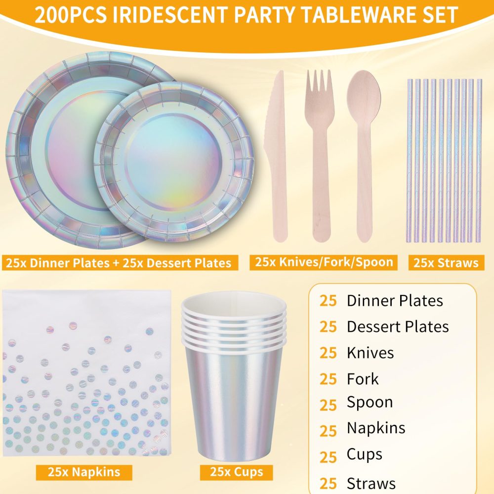 Iridescent Party Supplies Set Serve for 25 Guests, CEILIWEN 200PCS Holographic Paper Plates and Napkins Cup Set, Iridescent Party Tableware Set for Birthday Wedding Party - Image 6