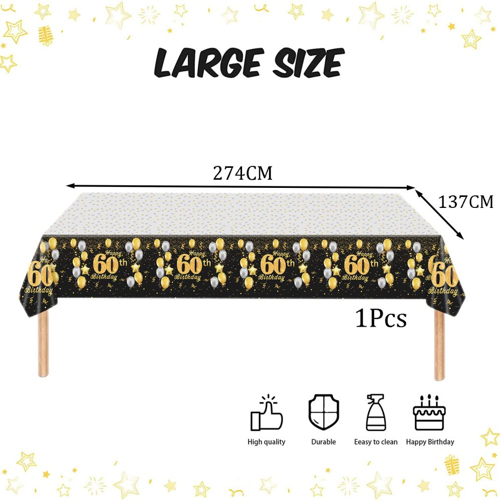 Black Gold Happy 60th Birthday Table Cloth Cover Party for Men,Women,Him,Her,137*274cm 60th Birthday Table Decorations,Rectangular Plastic Tablecloth for 60th Birthday Party Supplies Decorations - Image 7