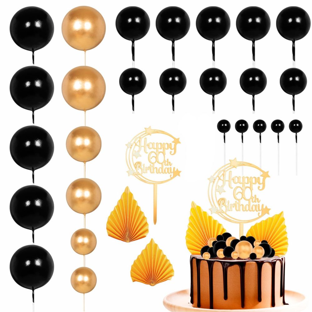29Pcs Black and Gold Cake Decorations for 60th Cake Topper,Black and Gold Foam Balls Palm Leaves Cake Toppers Cake Toppers for Happy Gold 60th Birthday Anniversary Him Women Men Party Supplies