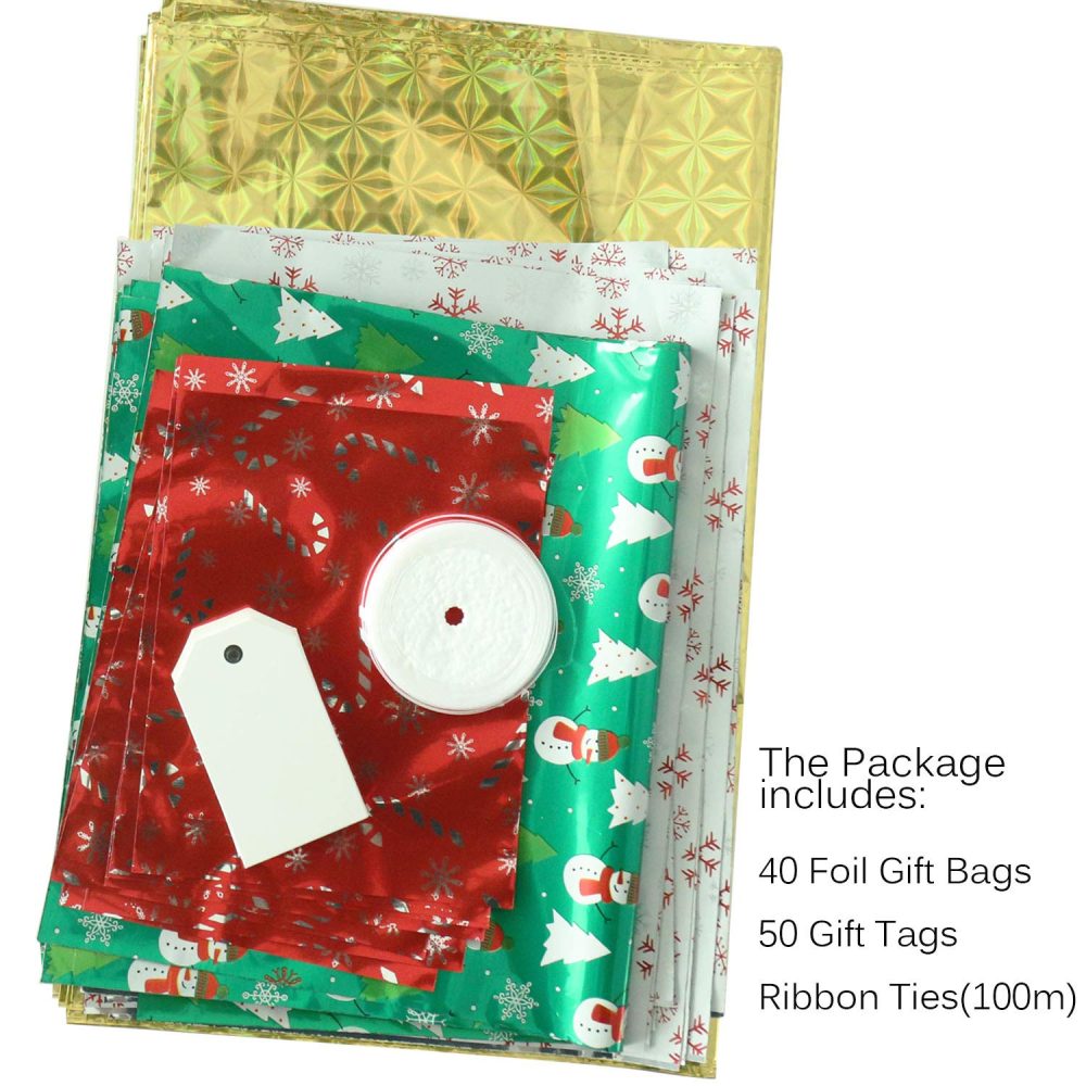 Christmas Bags, 40Pcs Santa Wrapping Gift Bag in 4 Sizes and 4 Designs, with Ribbon Ties and Tags - Image 6