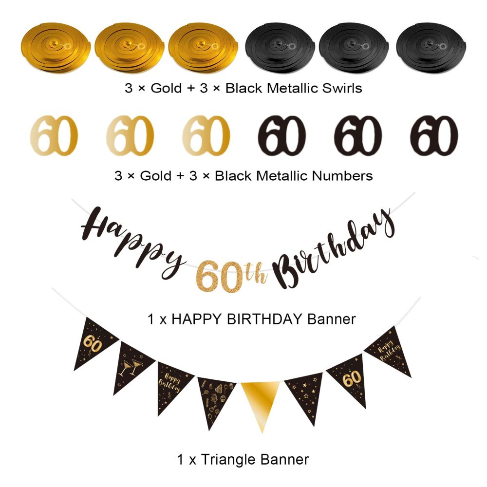 60th Birthday Decoration Kit for Men, Happy 60th Birthday Banner Bunting Swirls Streamers, Triangle Flag Banner for Birthday Party Decorations Supplies Black and Gold 60th - Image 4