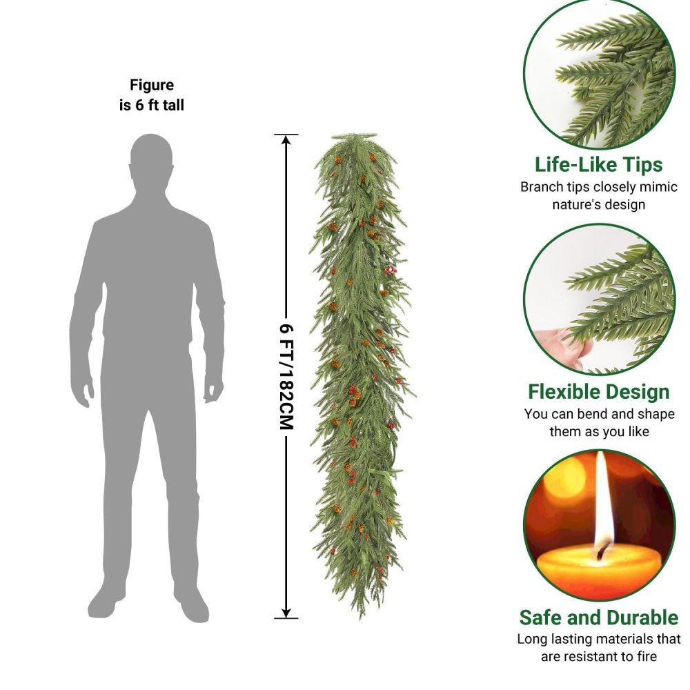SHareconn 6FT Realistic Christmas Garland with Red Berries and Pine Cones, PE Artificial Christmas Garland, Real Touch Mantle Stairs Fireplace Xmas Decorations/Indoor Outdoor Christmas Decor - Image 3